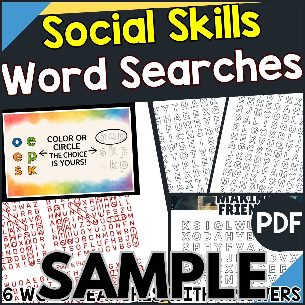 An educational teaching resource from Cored Education entitled Social Skills Word Searches: 1 Page Sample (PDF) downloadable at Teach Simple.
