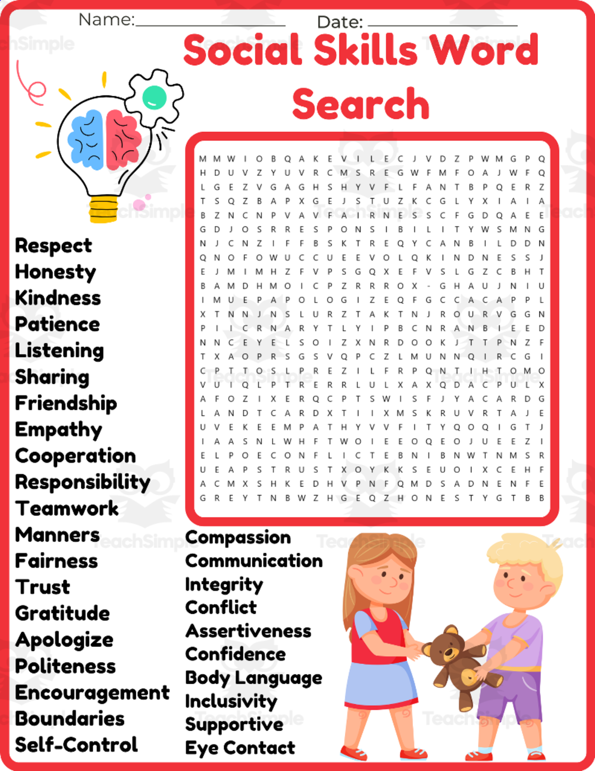 An educational teaching resource from space shope entitled Social Skills Word Searches worksheet activity downloadable at Teach Simple.