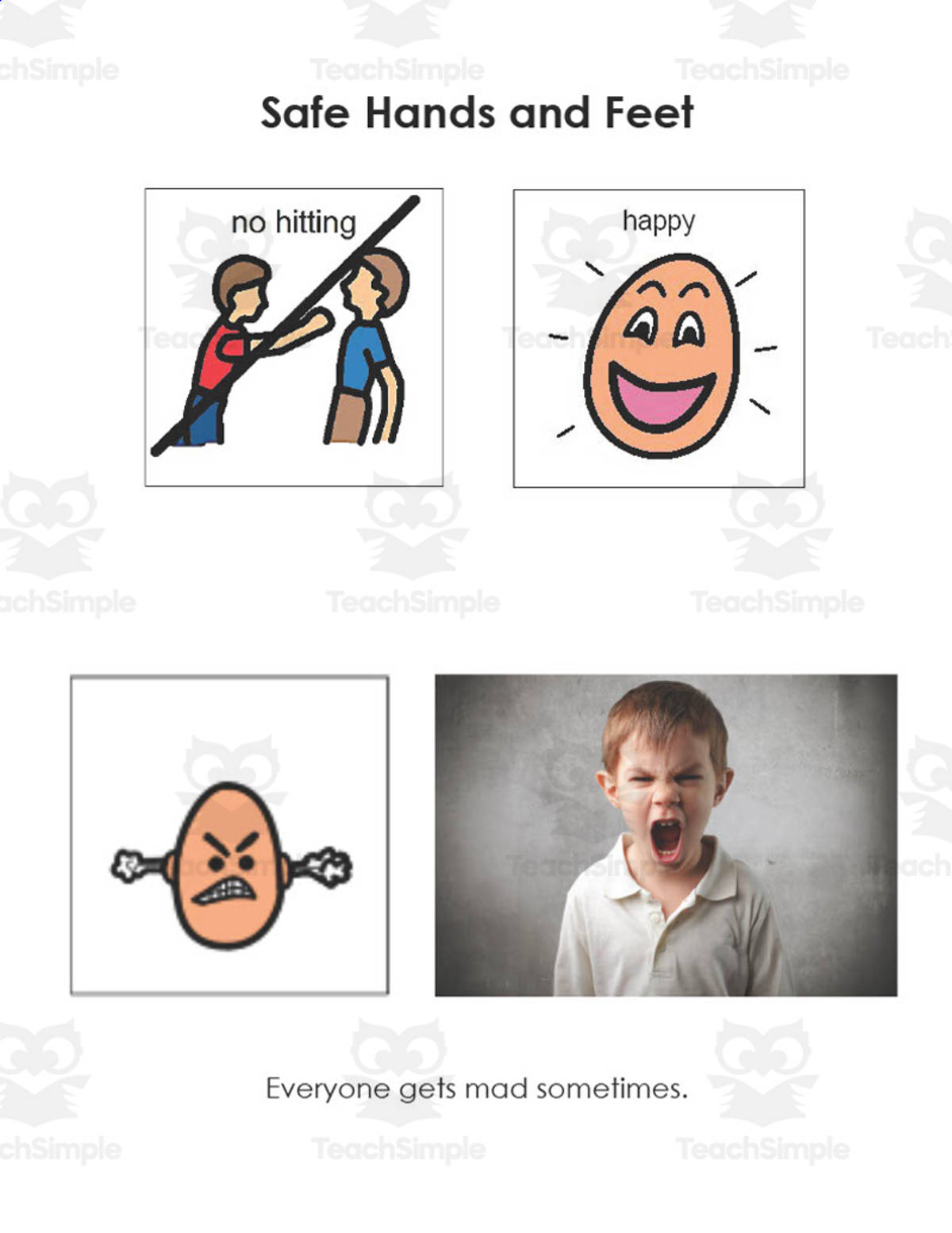 An educational teaching resource from Resource Garden entitled Safe Hands and Feet – Social Story for Kids downloadable at Teach Simple.