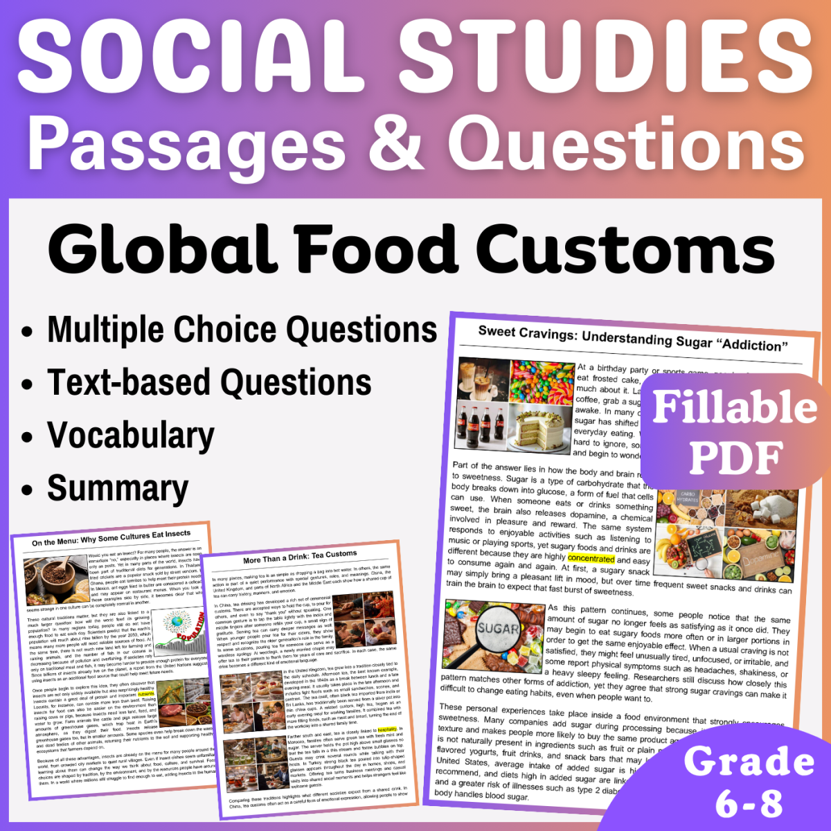 An educational teaching resource from CORED Education - Middle & High School entitled Social Studies Comprehension Passages: Food Customs (Fillable PDF) downloadable at Teach Simple.