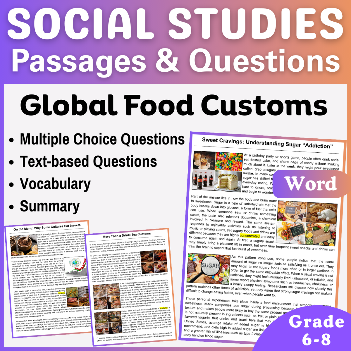 An educational teaching resource from CORED Education - Middle & High School entitled Social Studies Comprehension Passages: Global Food Customs (Word) downloadable at Teach Simple.