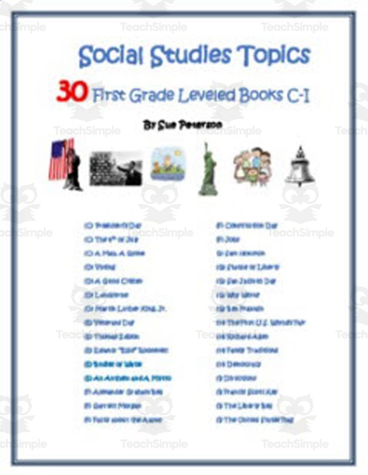 An educational teaching resource from Sue Peterson entitled Social Studies (First Grade C–I) 30 books downloadable at Teach Simple.