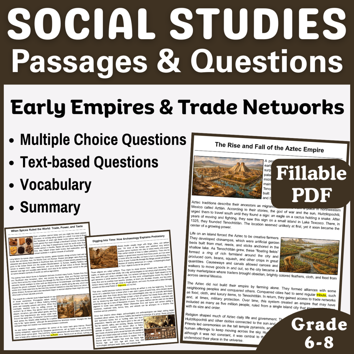 An educational teaching resource from CORED Education - Middle & High School entitled Social Studies Passages: Early Empires and Trades (Fillable PDF) downloadable at Teach Simple.
