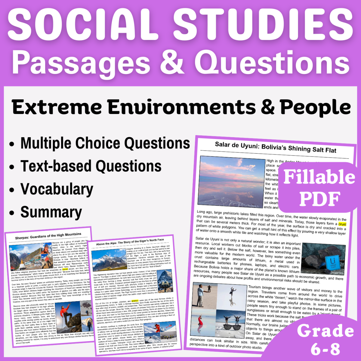 An educational teaching resource from CORED Education - Middle & High School entitled Social Studies Passages: Extreme Environment and People (Fillable PDF) downloadable at Teach Simple.