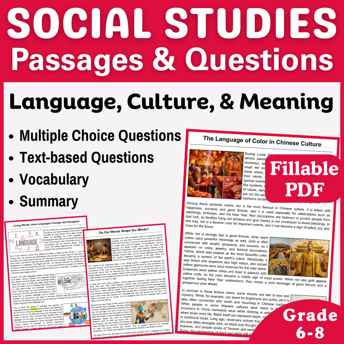 An educational teaching resource from CORED Education - Middle & High School entitled Social Studies Passages: Language, Culture, Meaning (Fillable PDF) downloadable at Teach Simple.