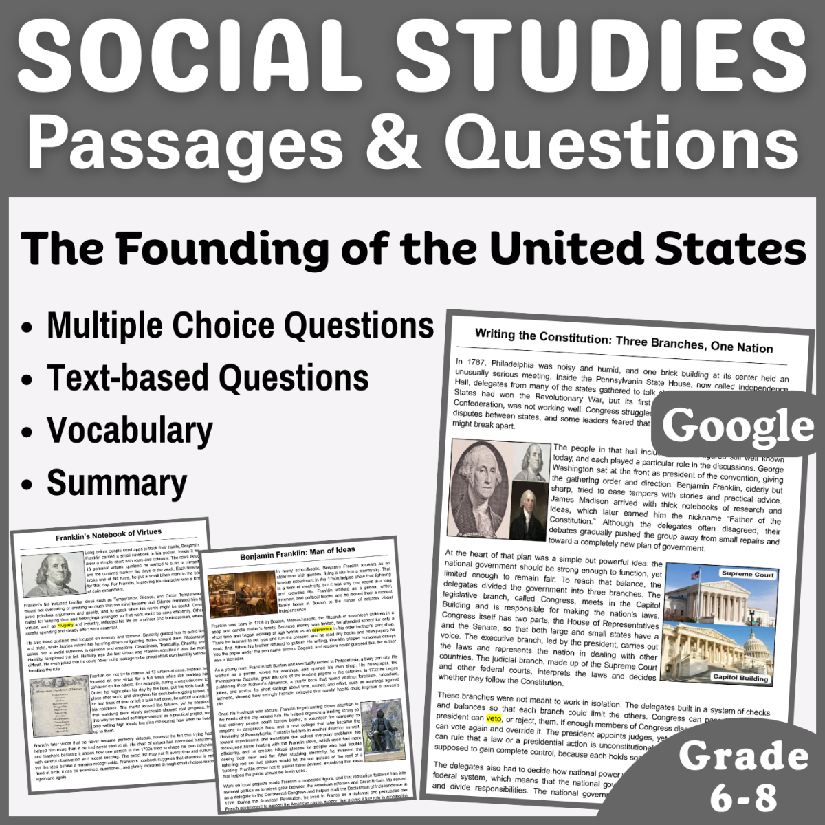An educational teaching resource from CORED Education - Middle & High School entitled Social Studies Passages: The Founding of the United States (Docs) downloadable at Teach Simple.
