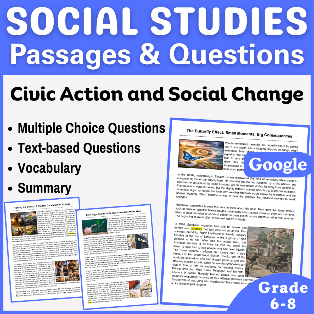 An educational teaching resource from CORED Education - Middle & High School entitled Social Studies Reading Passages: Civic Action and Social Change (Docs) downloadable at Teach Simple.