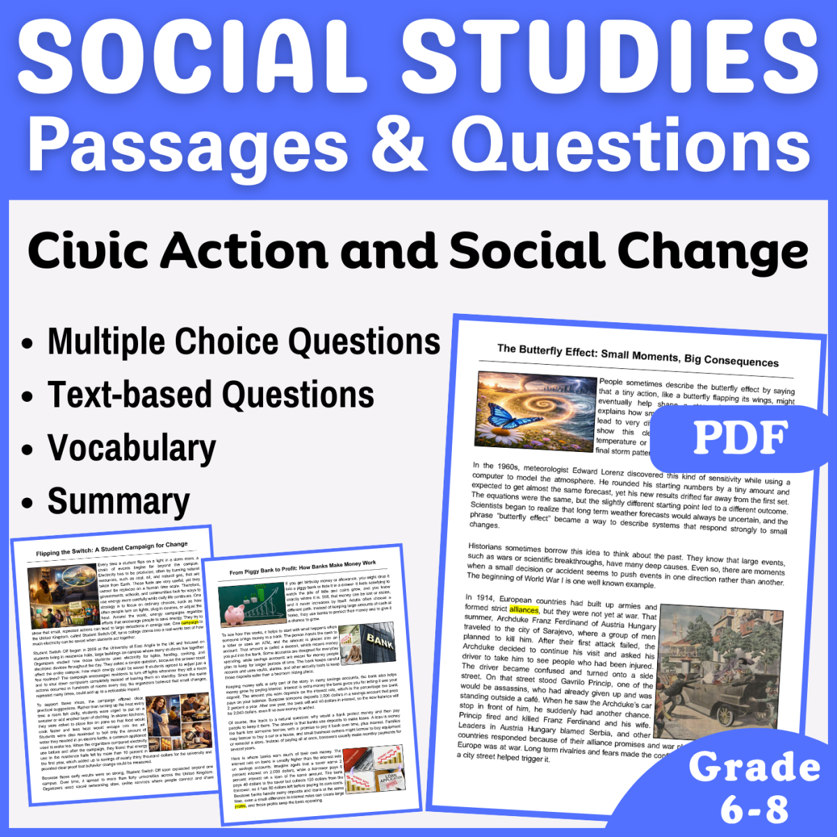 An educational teaching resource from CORED Education - Middle & High School entitled Social Studies Reading Passages: Civic Action and Social Change (PDF) downloadable at Teach Simple.