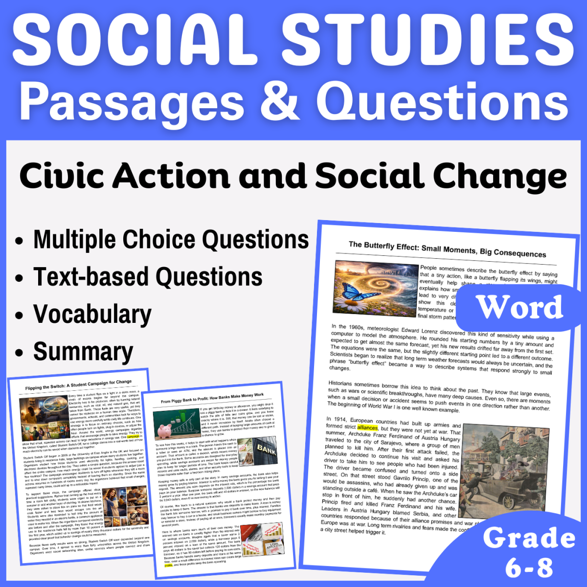 An educational teaching resource from CORED Education - Middle & High School entitled Social Studies Reading Passages: Civic Action and Social Change (Word) downloadable at Teach Simple.