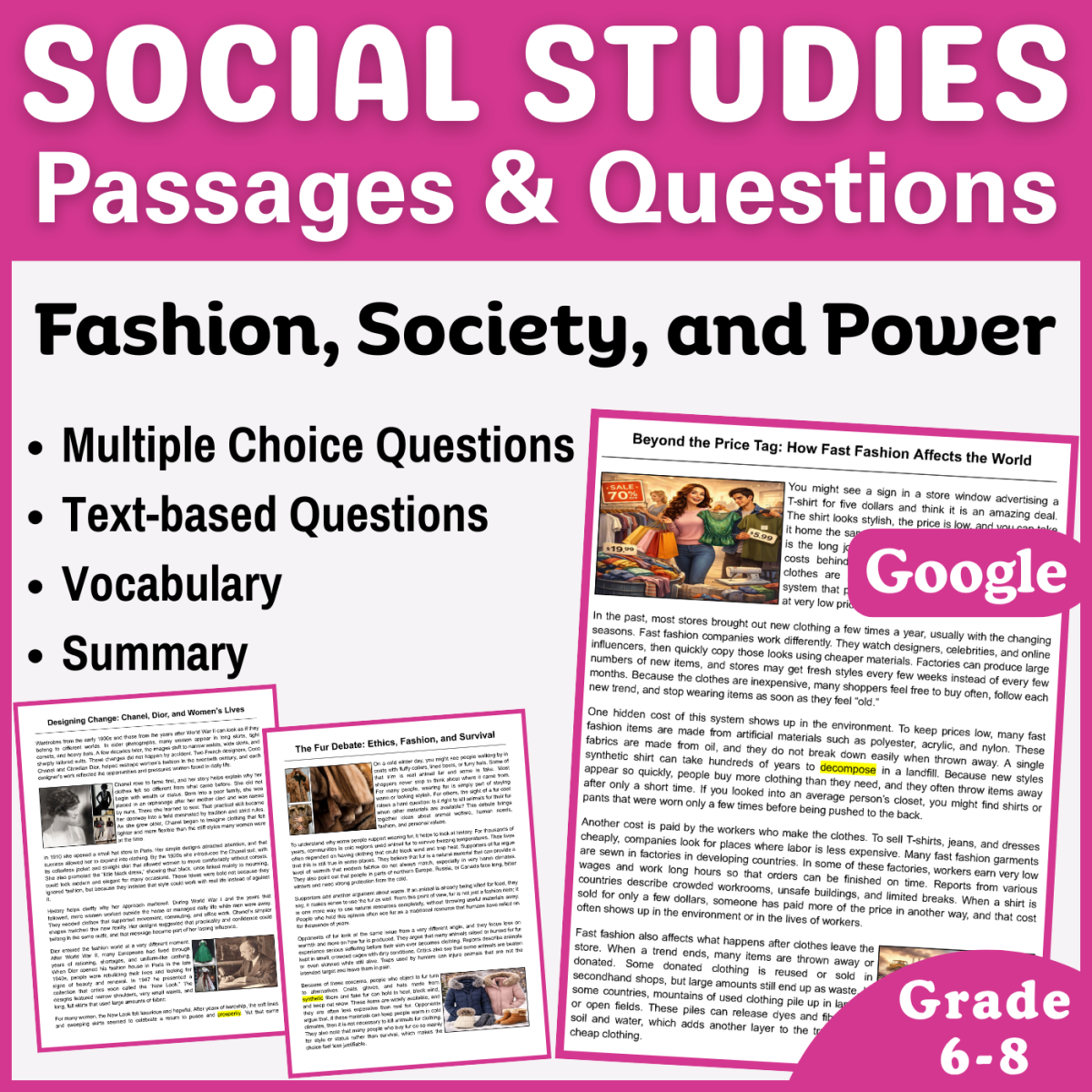 An educational teaching resource from CORED Education - Middle & High School entitled Social Studies Reading Passages: Fashion, Society, and Power (Docs) downloadable at Teach Simple.