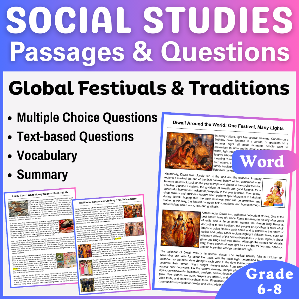 An educational teaching resource from CORED Education - Middle & High School entitled Social Studies Reading Passages Global Festivals and Traditions (Word) downloadable at Teach Simple.