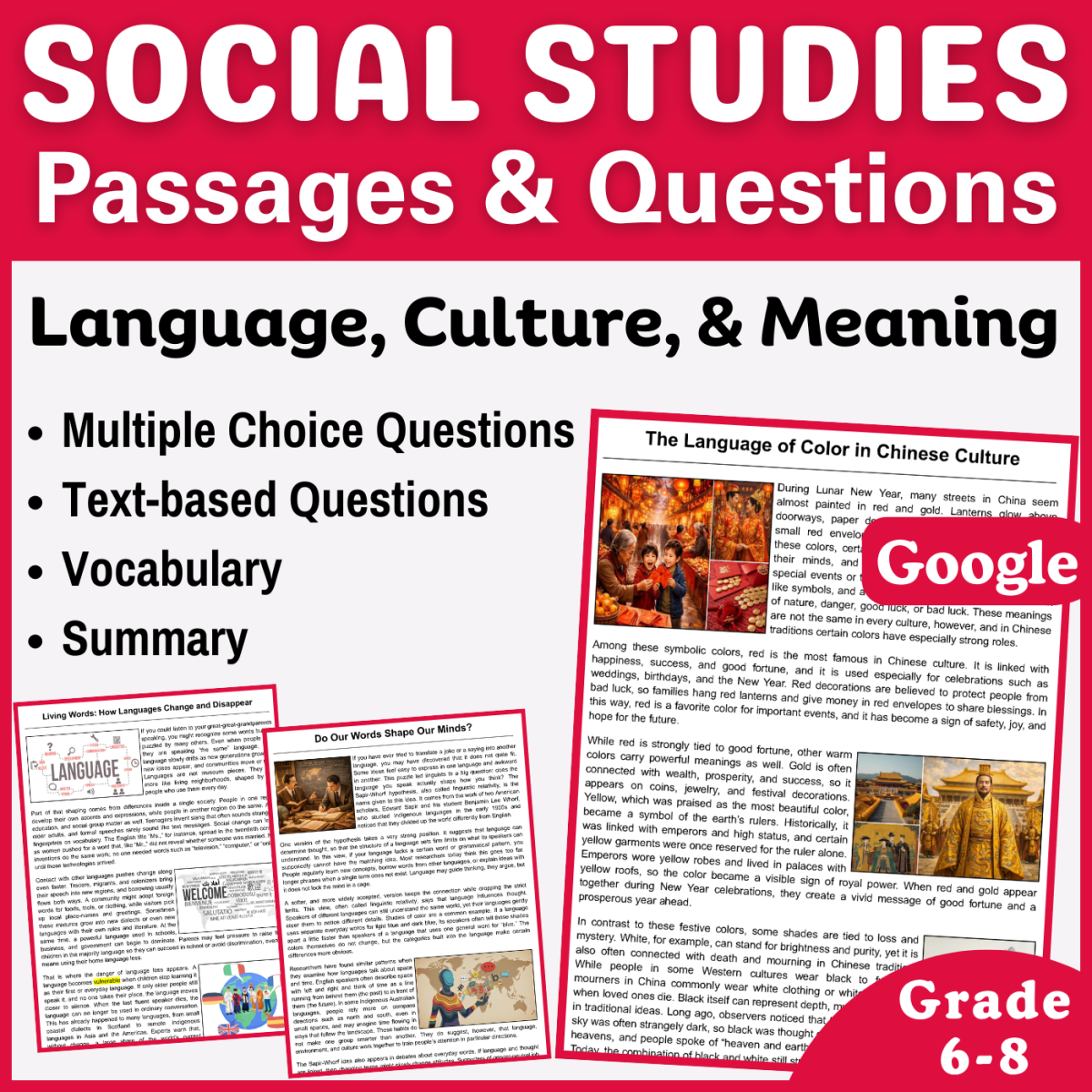 An educational teaching resource from CORED Education - Middle & High School entitled Social Studies Reading Passages: Language, Culture, Meaning (Google) downloadable at Teach Simple.