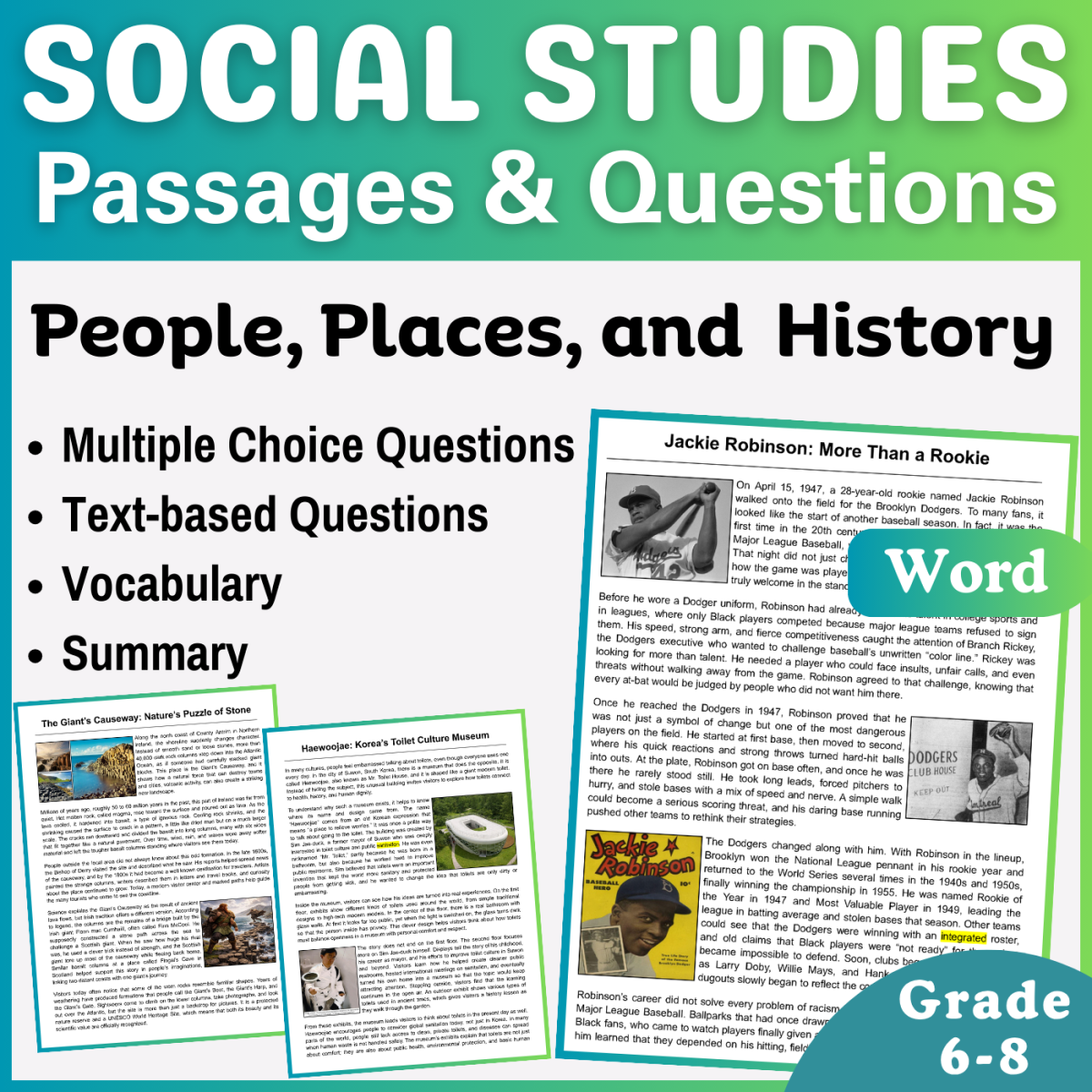 An educational teaching resource from CORED Education - Middle & High School entitled Social Studies Reading Passages: People, Places, and History (Word) downloadable at Teach Simple.