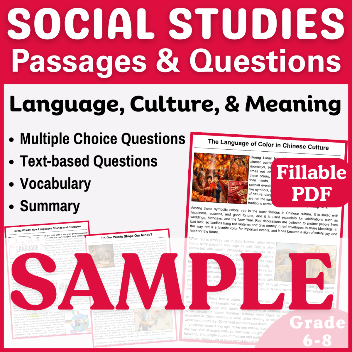 An educational teaching resource from CORED Education - Middle & High School entitled Social Studies SAMPLE Passage: Language, Culture, Meaning Fillable PDF downloadable at Teach Simple.