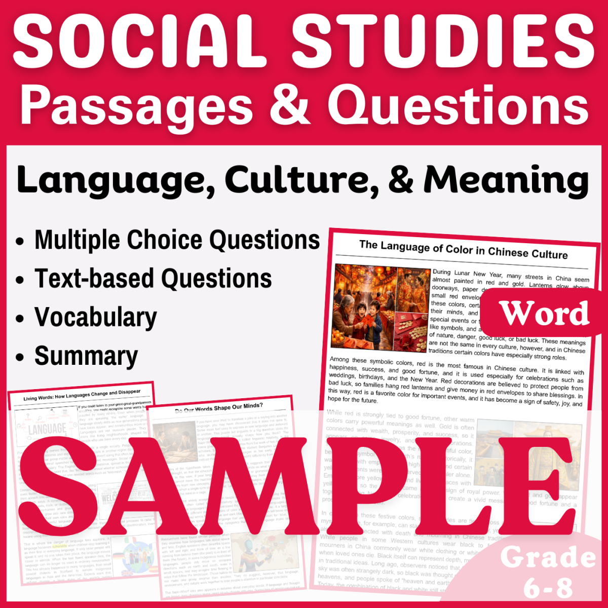 An educational teaching resource from CORED Education - Middle & High School entitled Social Studies SAMPLE Passage: Language, Culture, Meaning (Word) downloadable at Teach Simple.
