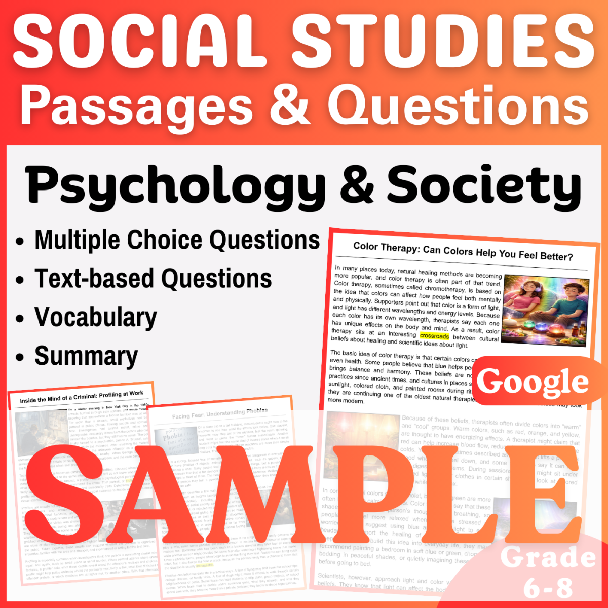 An educational teaching resource from CORED Education - Middle & High School entitled Social Studies SAMPLE Reading Passage: Color Therapy (Docs) downloadable at Teach Simple.