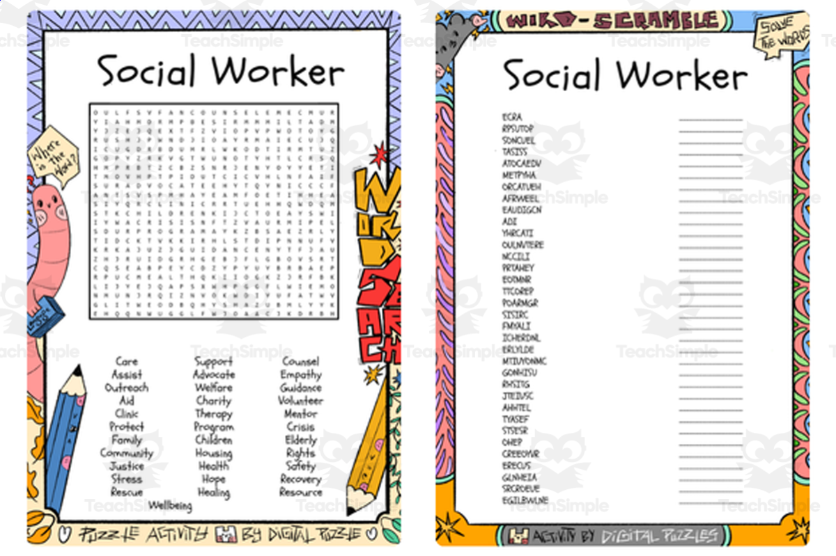An educational teaching resource from Lapiiin Art Activities entitled Social Worker word search & scramble downloadable at Teach Simple.