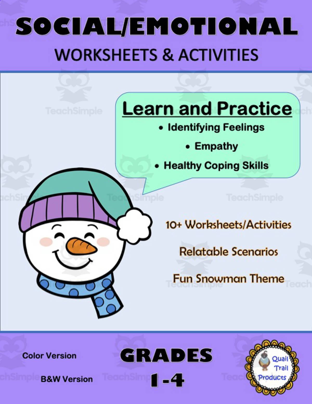 An educational teaching resource from Quail Trail Products entitled Social/Emotional Worksheets and Activities - Snowman Theme downloadable at Teach Simple.
