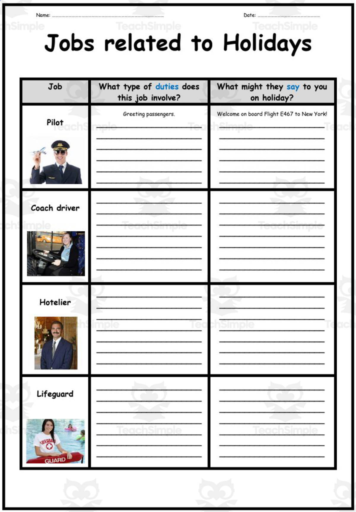 An educational teaching resource from Elementary Resources 4 U entitled Sociology: Jobs related to Vacations / Holidays downloadable at Teach Simple.
