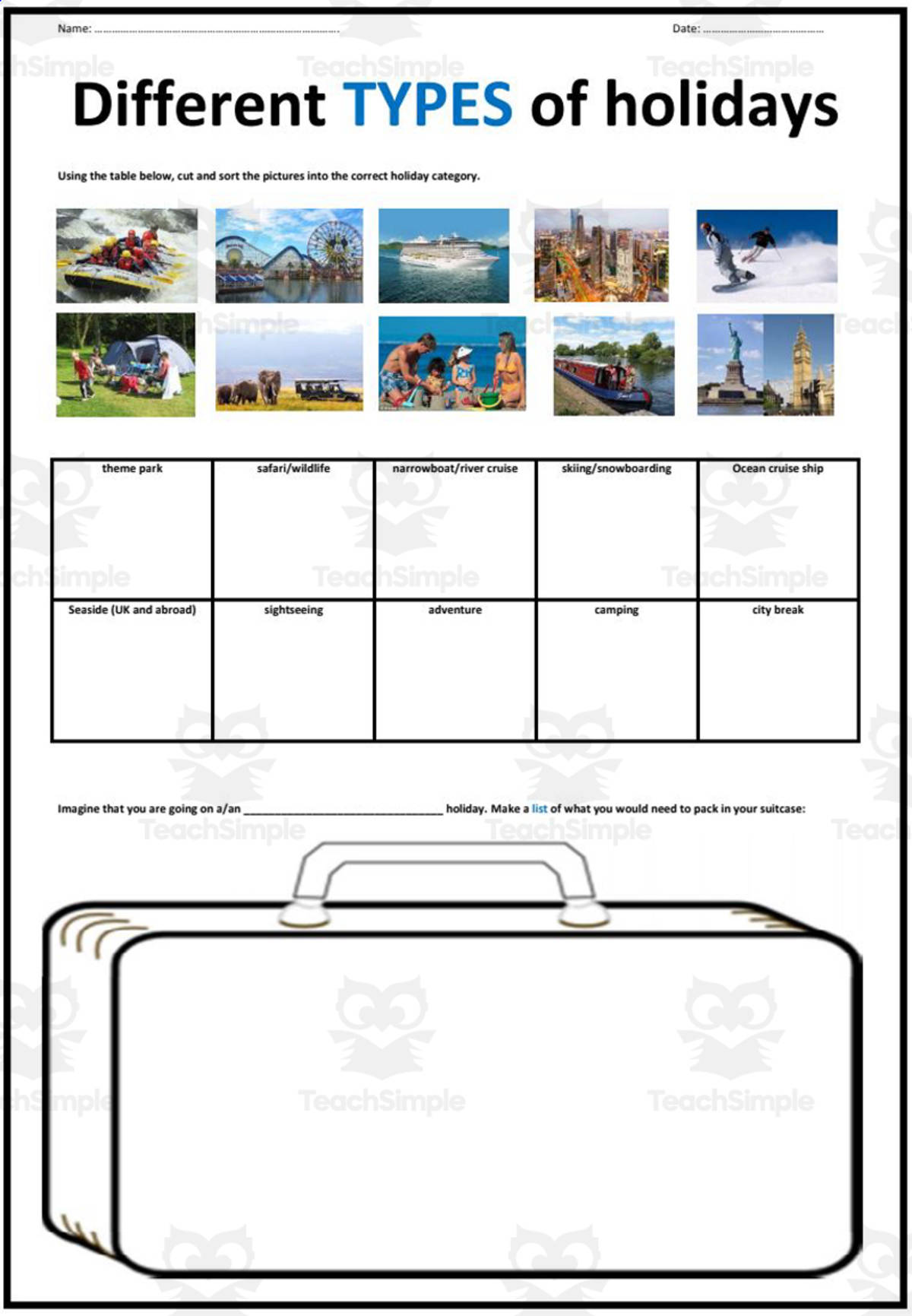 An educational teaching resource from Elementary Resources 4 U entitled Sociology: Vacations / Holidays downloadable at Teach Simple.