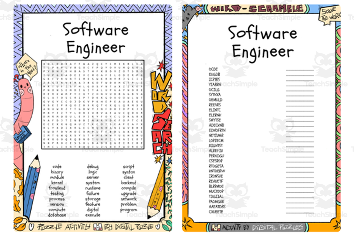 An educational teaching resource from Lapiiin Art Activities entitled Software Engineer word search & scramble downloadable at Teach Simple.