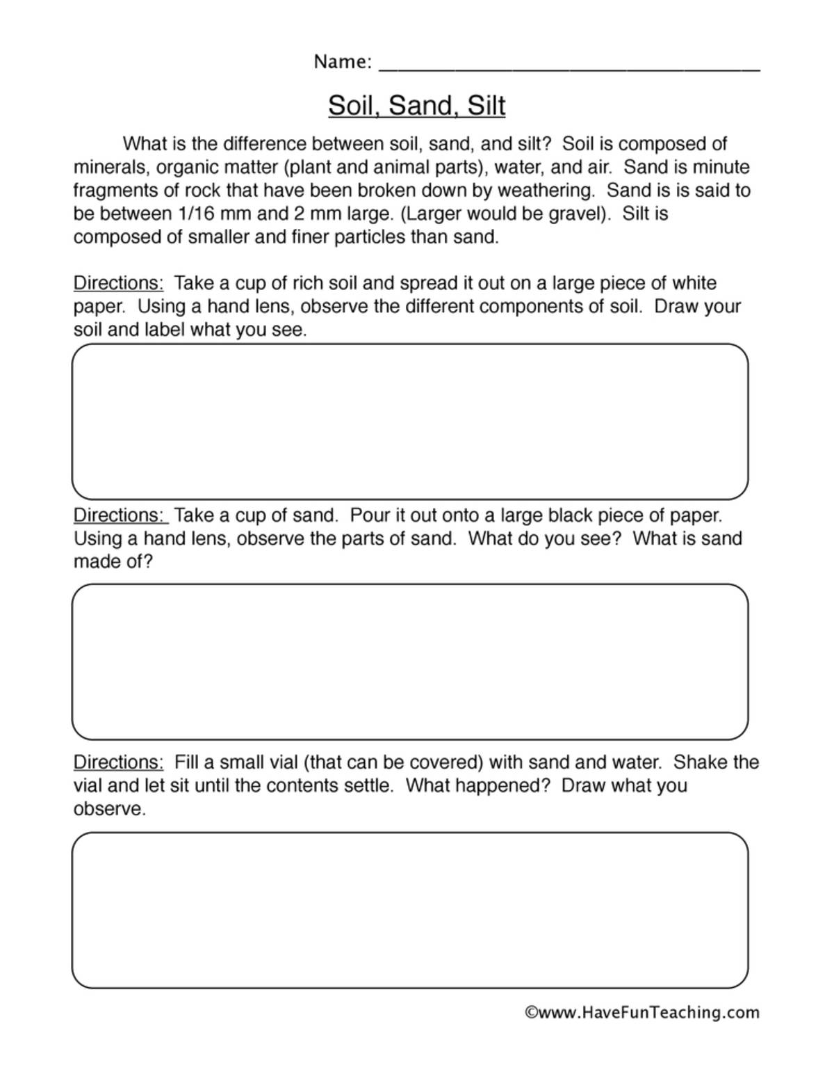 An educational teaching resource from Have Fun Teaching entitled Soil Sand Silt Worksheet downloadable at Teach Simple.