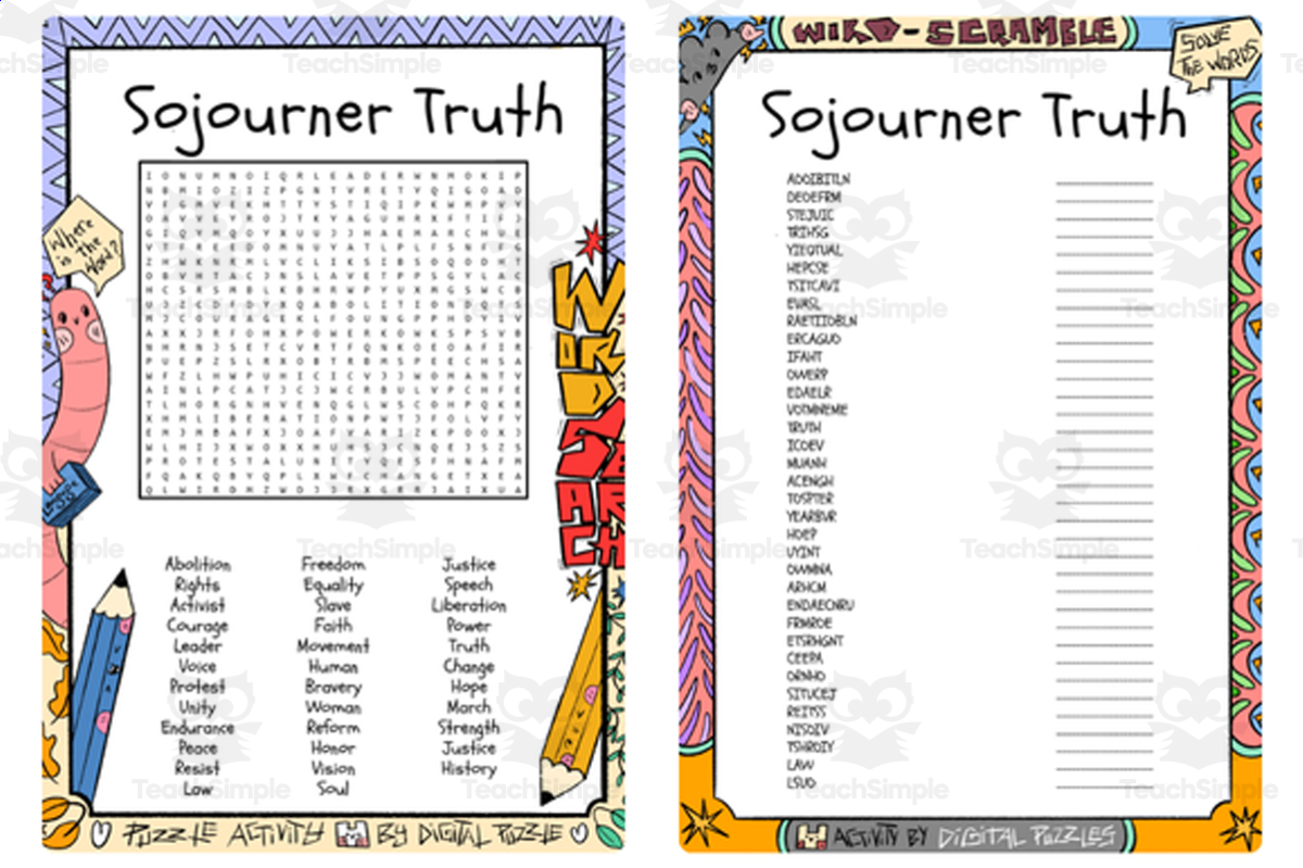 An educational teaching resource from Lapiiin Art Activities entitled Sojourner Truth word search & scramble downloadable at Teach Simple.