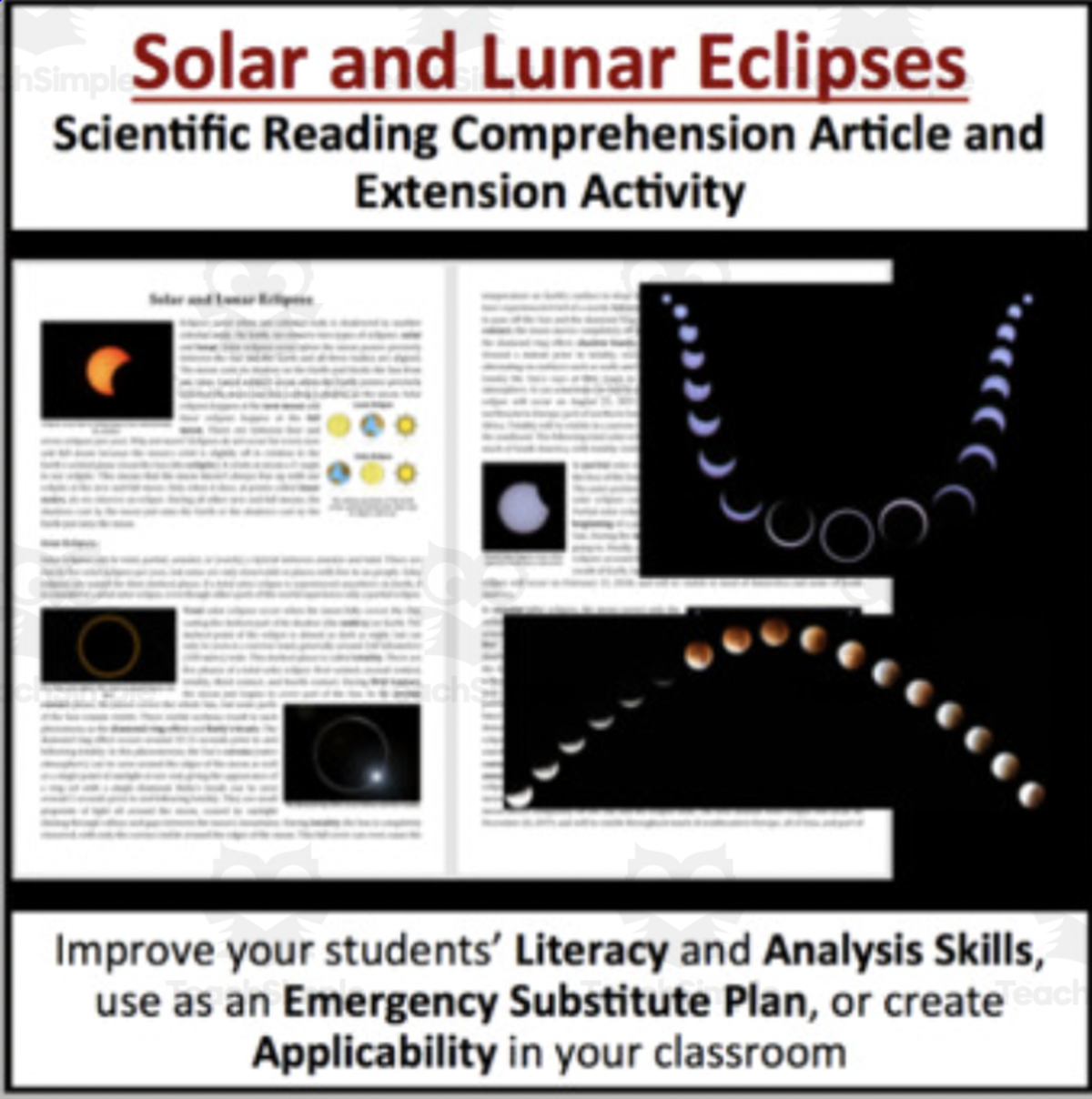 An educational teaching resource from Teach With Fergy entitled Solar and Lunar Eclipses - Reading Article - Grade 8 and Up downloadable at Teach Simple.