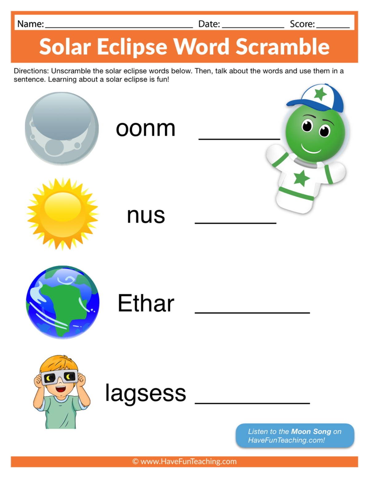 An educational teaching resource from Have Fun Teaching entitled Solar Eclipse Word Scramble Worksheet downloadable at Teach Simple.