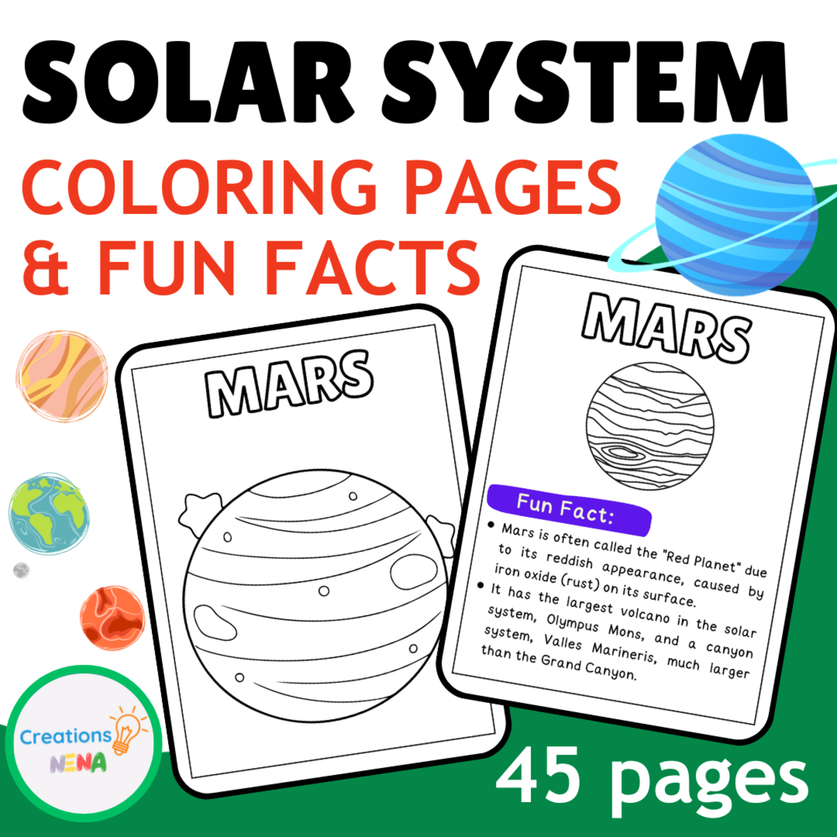 An educational teaching resource from Nena Creations entitled Solar System Coloring Pages downloadable at Teach Simple.