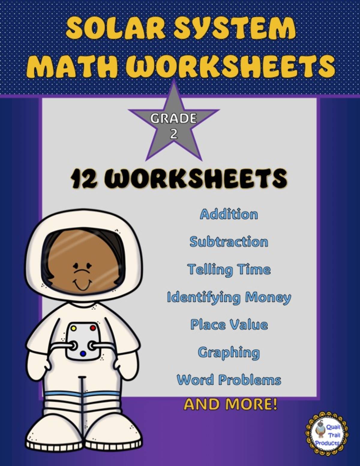 An educational teaching resource from Quail Trail Products entitled Solar System Math Worksheets for Grade 2 downloadable at Teach Simple.