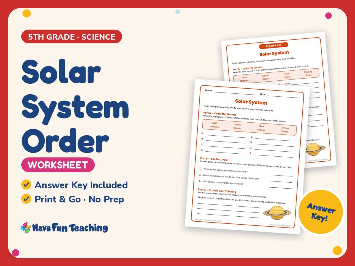 Solar System Order Worksheet – 5th Grade Space Practice + Answer Key preview
