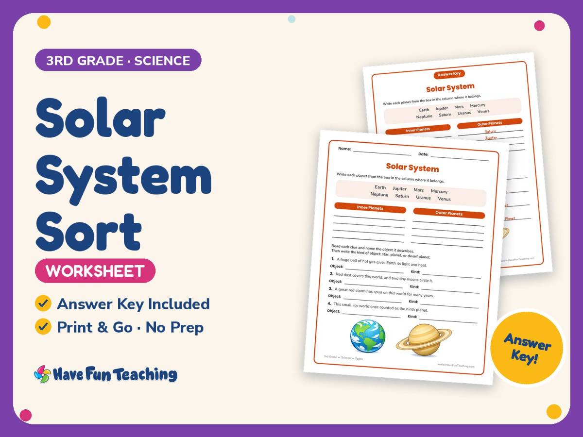 Solar System Sort Worksheet – 3rd Grade Space Practice + Answer Key preview