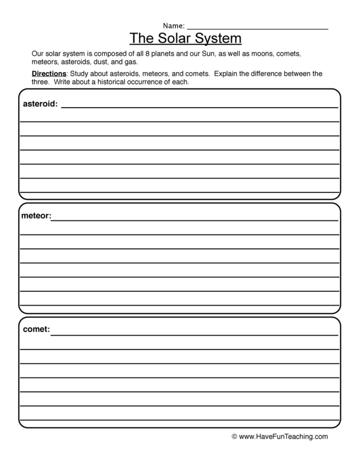 An educational teaching resource from Have Fun Teaching entitled Solar System Worksheet downloadable at Teach Simple.
