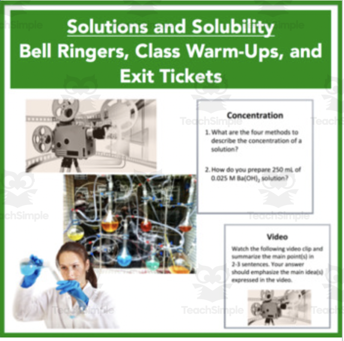 An educational teaching resource from Teach With Fergy entitled Solutions and Solubility - Bell Ringers, Class Warm-Ups, and Exit Tickets downloadable at Teach Simple.
