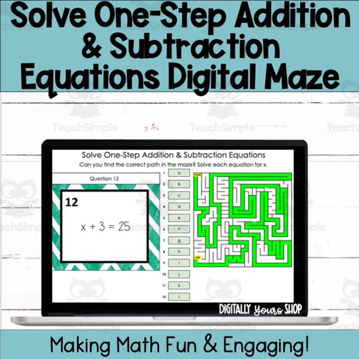 An educational teaching resource from Digitally Yours Shop entitled Solve One-Step Addition & Subtraction Equations Digital Activity downloadable at Teach Simple.