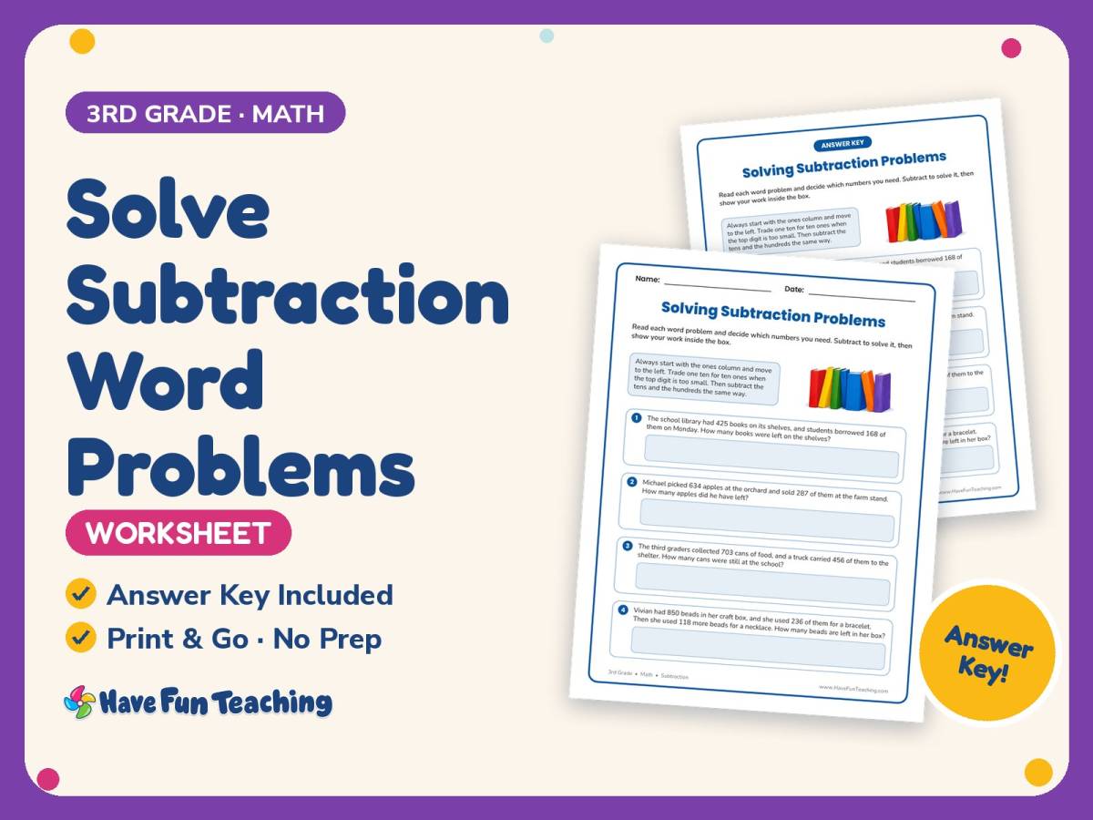Solve Subtraction Word Problems Worksheet – 3rd Grade Math Practice preview