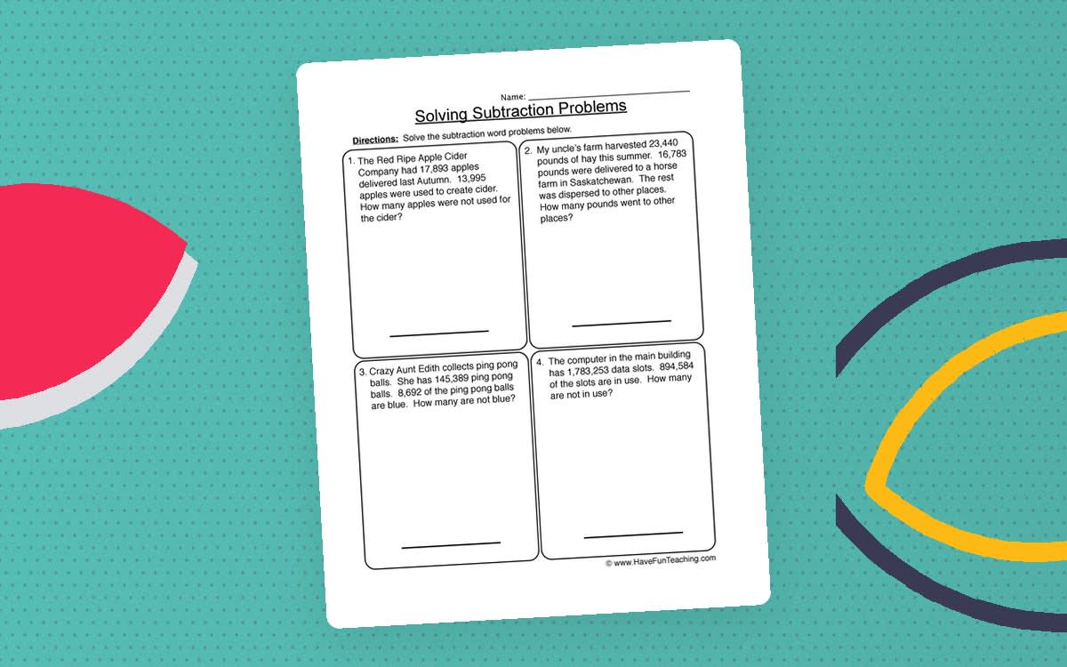 An educational teaching resource from Have Fun Teaching entitled Solve Subtraction Word Problems Worksheet downloadable at Teach Simple.