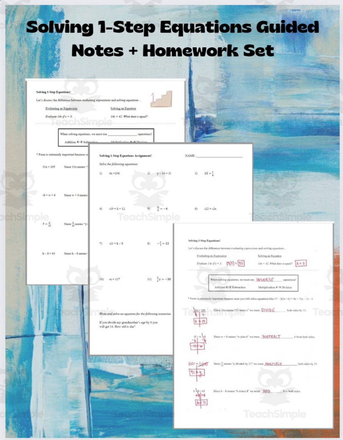 An educational teaching resource from Eddie McCarthy entitled Solving 1-Step Equations Guided Notes + Homework Set downloadable at Teach Simple.