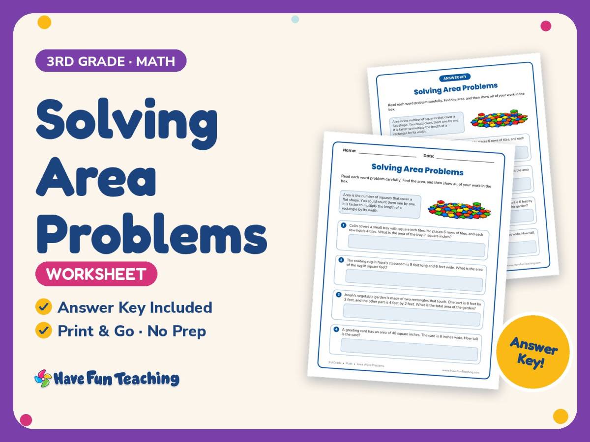 Solving Area Problems Worksheet – 3rd Grade Geometry & Word Problems preview