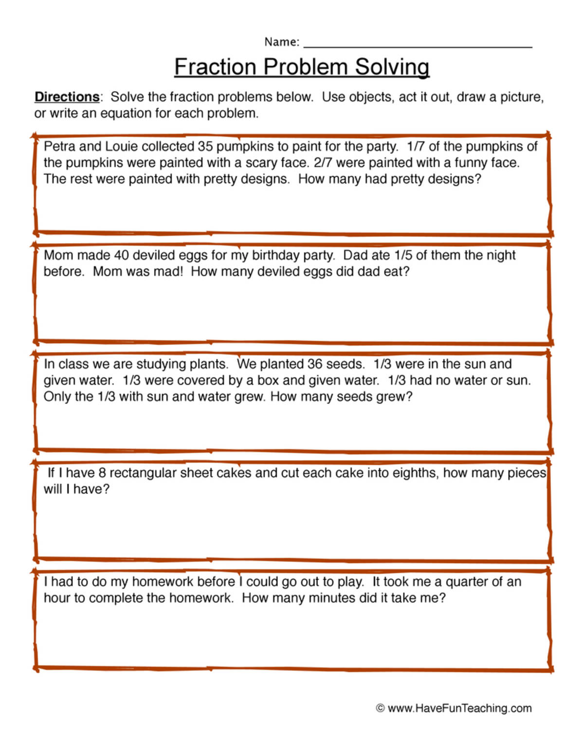 An educational teaching resource from Have Fun Teaching entitled Solving Fraction Word Problems Worksheet downloadable at Teach Simple.