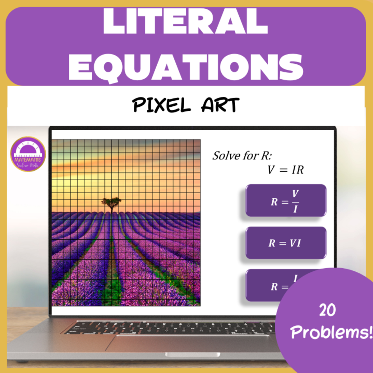 An educational teaching resource from Matemaths entitled Solving Literal Equations Pixel Art and Task Cards downloadable at Teach Simple.