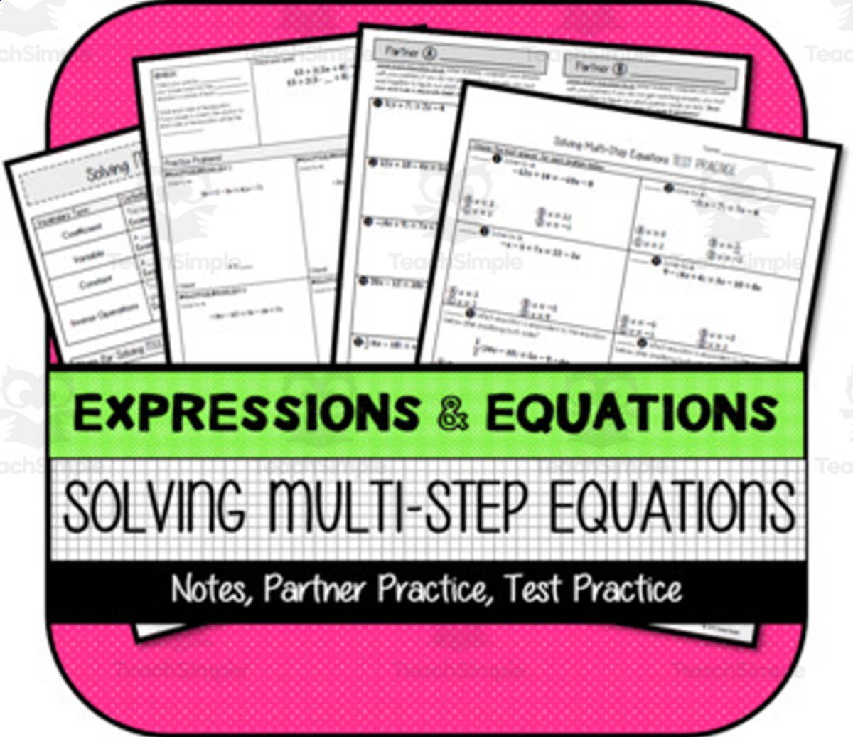 An educational teaching resource from The Math Cafe entitled Solving Multi-Step Equations NOTES & PRACTICE downloadable at Teach Simple.