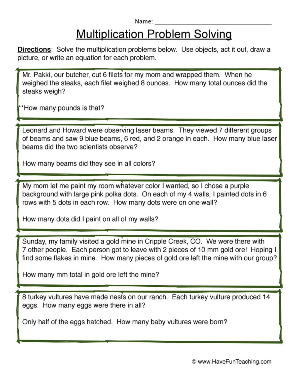 An educational teaching resource from Have Fun Teaching entitled Solving Multiplication Word Problems Worksheet downloadable at Teach Simple.