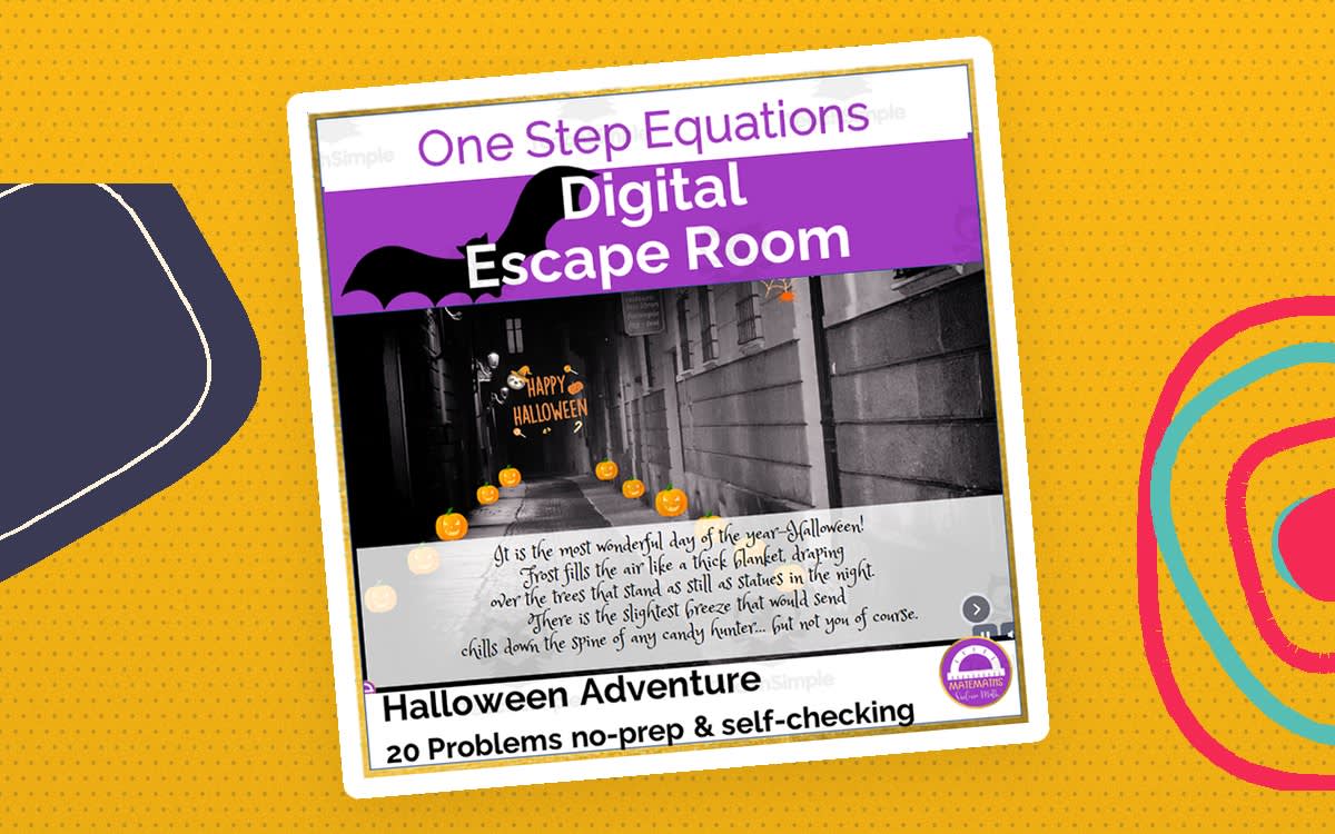 An educational teaching resource from Matemaths entitled Solving One Step Equations Halloween Activity | Digital Escape Room downloadable at Teach Simple.