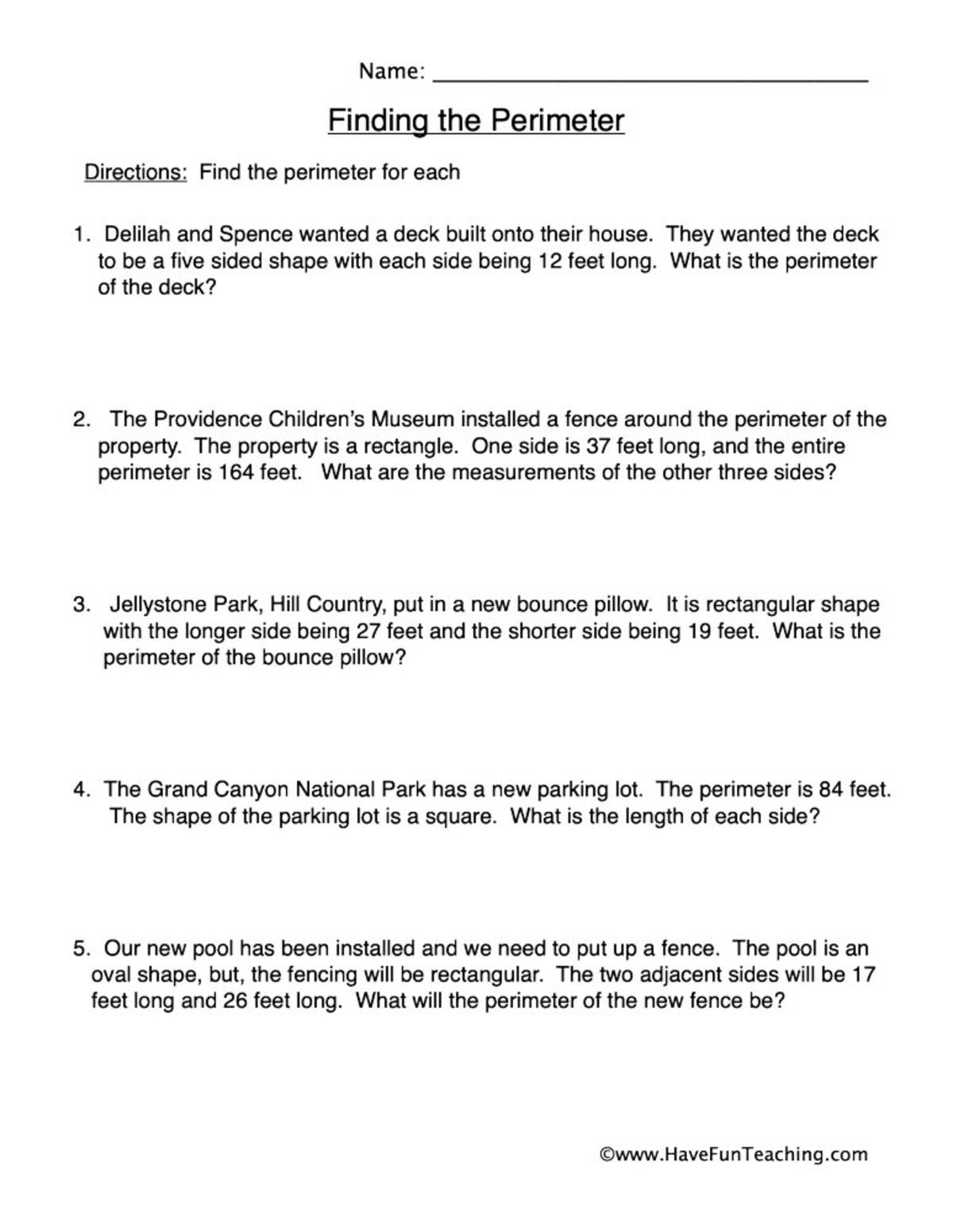 An educational teaching resource from Have Fun Teaching entitled Solving Perimeter Word Problems Worksheet downloadable at Teach Simple.