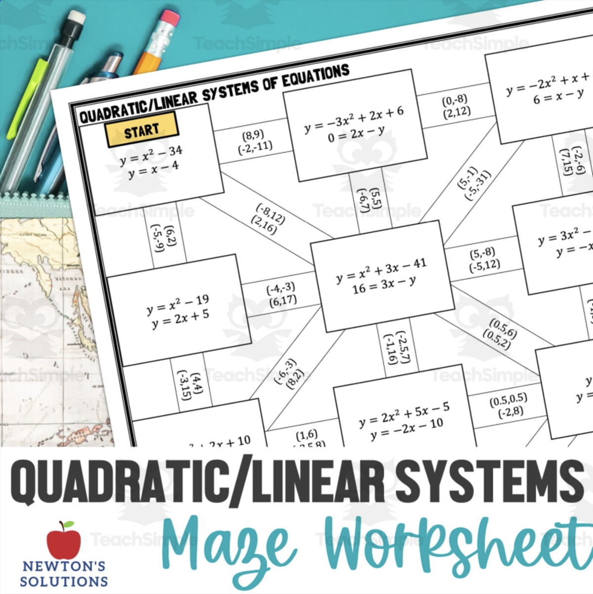 An educational teaching resource from Newtons Solutions entitled Quadratic & Linear Systems – Self-Checking Maze downloadable at Teach Simple.