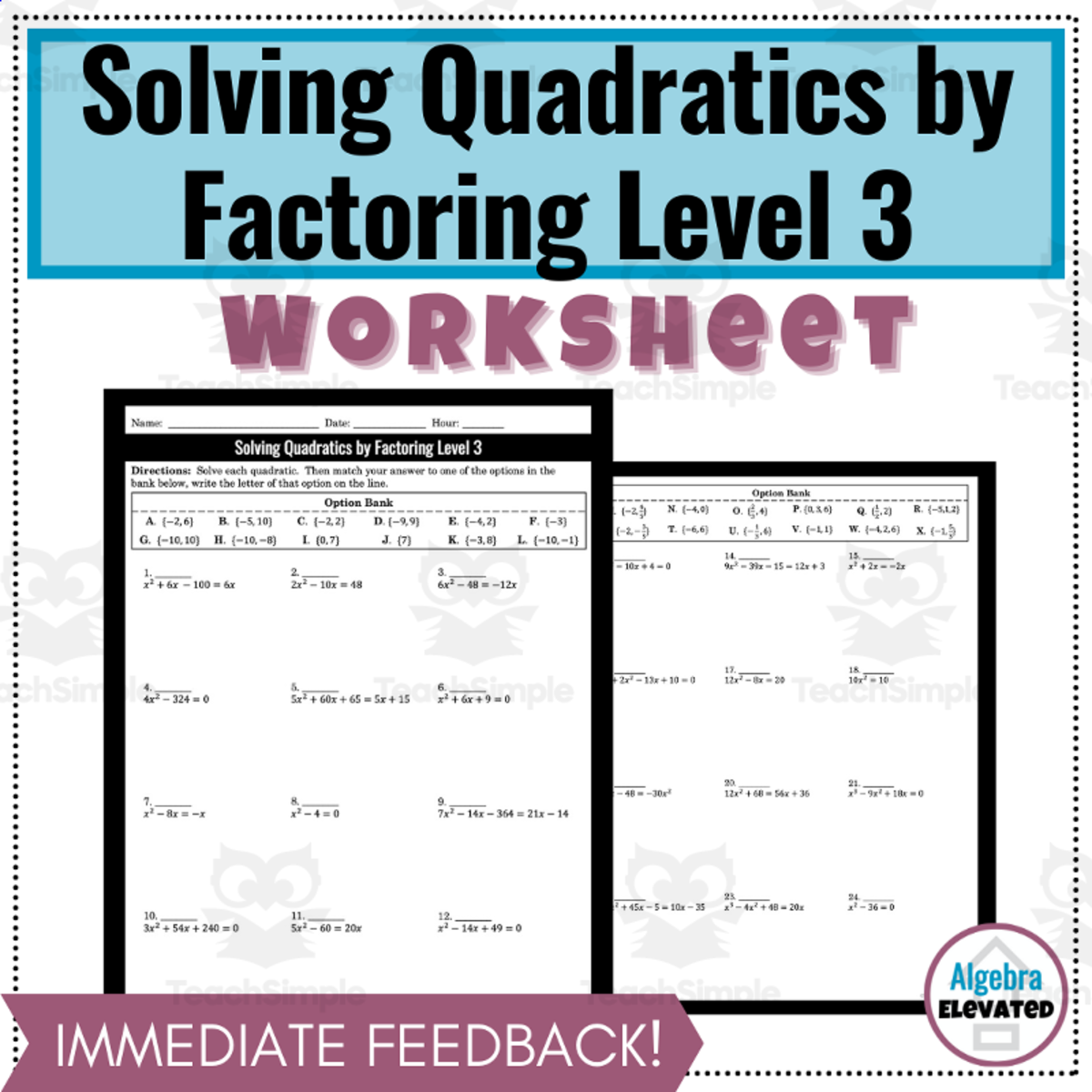 An educational teaching resource from Algebra Elevated entitled Solving Quadratic Equations by Factoring Worksheet Level 3 downloadable at Teach Simple.