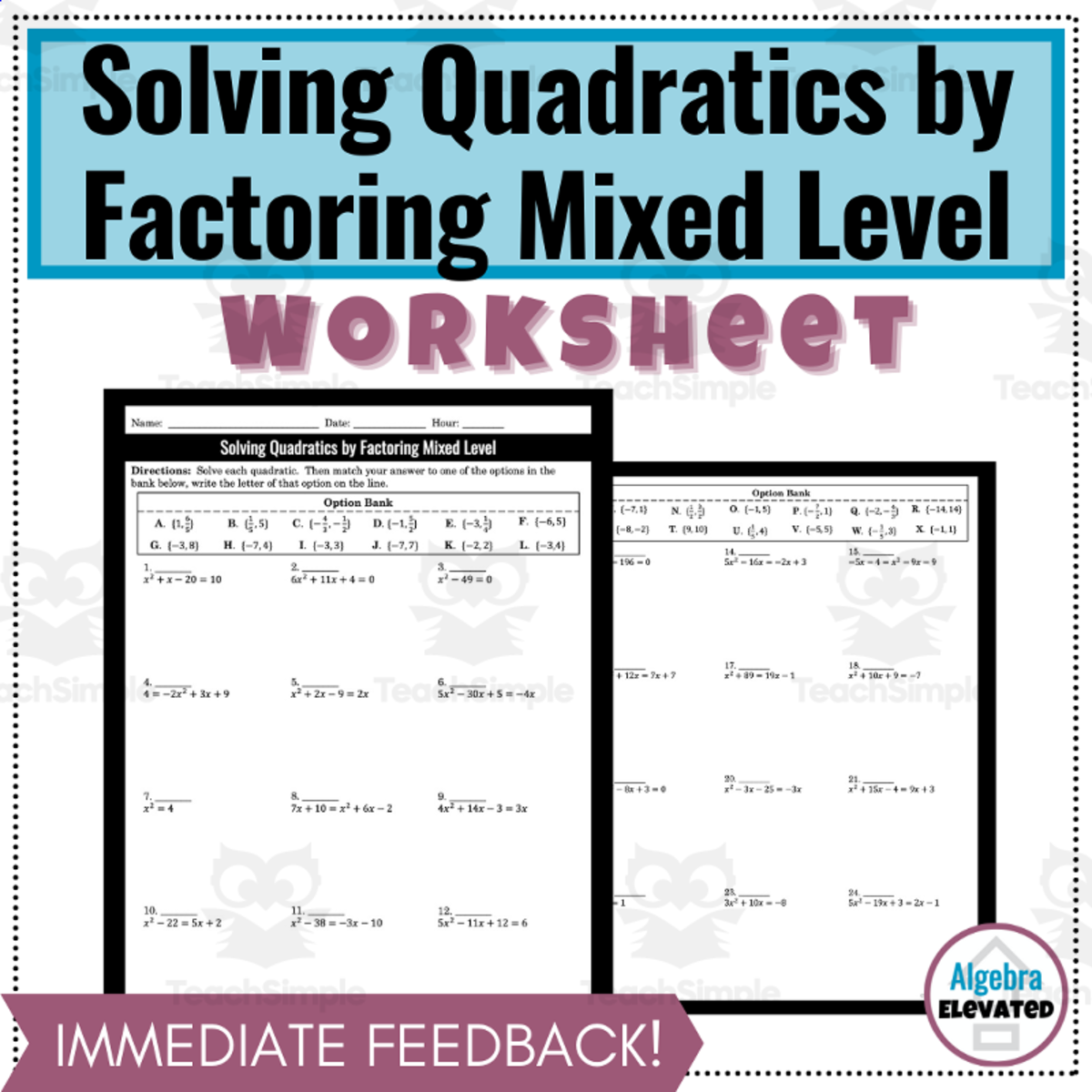 An educational teaching resource from Algebra Elevated entitled Solving Quadratic Equations by Factoring Worksheet Mixed Level downloadable at Teach Simple.