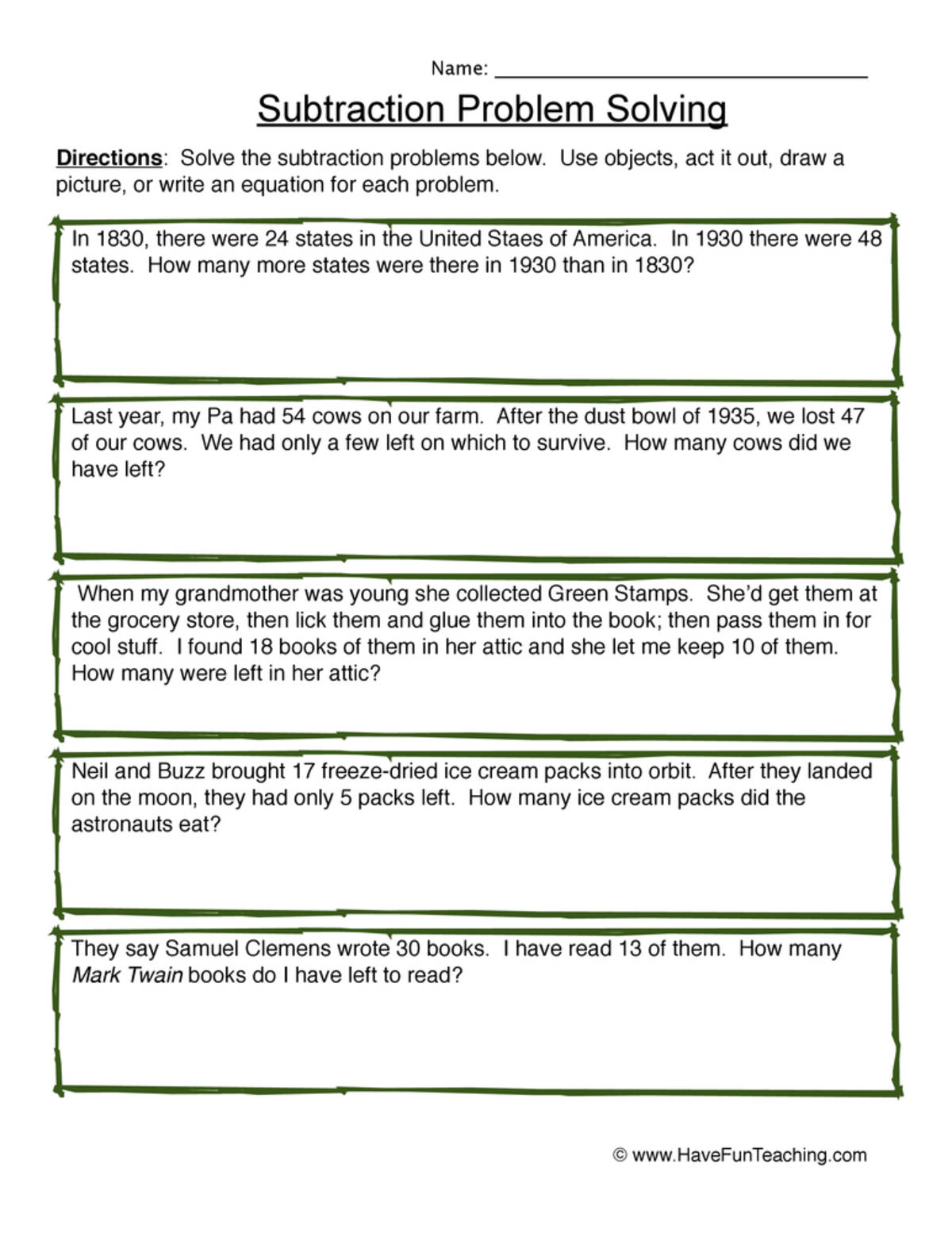 An educational teaching resource from Have Fun Teaching entitled Solving Subtraction Word Problems Worksheet downloadable at Teach Simple.